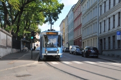 Street tram approaching one of the housing neighborhoods in Oslo