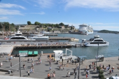 The harbor area in front of the Oslo City Hall where shuttle boats take you around the harbor, to outer islands and to the Fram Museum across the harbor.