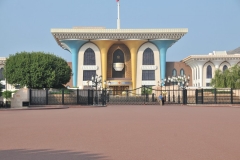 Palace is Oman's most Flamboyant example of contemporary Islamic design. Contains two long wings, central is the flat roof cube like building.