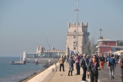 Tower of Belém, located very close to the Monument of Discovery,  was  officially the Tower of Saint Vincent,  a16th-century fortification,  located in Lisbon that served as a point of embarkation and disembarkation for Portuguese explorers and as a ceremonial gateway to Lisbon.  The tower was built as a fortified lighthouse, 1515–1520, to guard the entrance to the port.