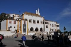 The buildings in the central square of São Martinho, across from the Sintra National Palace and Museum in the village of Sintra.
