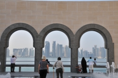 Water fountain areas in the Museum with views framed of the city in the background