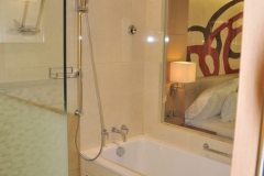 That is the bedroom through the glass from the bathroom in the hotel room