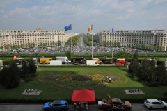 Looking across the massive balcony  looking across the city of Bucharest.