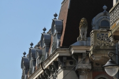 The gargoyels at the edge  of the roof.,   Gargoyles were commonly used in medieval times. Their two main purposes were to scare off evil, and to divert rainwater. ... The word "Gargoyle" originates from the old French word "Gargouille" meaning "throat" but which also describes the gurgling sound of water as it is coming down the downspout.