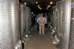 Huge stainless steel tanks for aging wine and fermentation.
