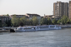 Water view of our river Ship on the Danube from a bridge crossing the river.