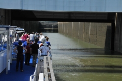 You can see that the water level in each side of the lock is the same and we proceed into the last of the locks of Gate 1.