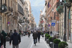 The street besides pedestrians has a bicycle path. As  you can see it is very difficult not be run over when walking. On both sides of the street are many small cafes  that sell the famous Deep Friend Rice Balls, a favorite in Sicily.