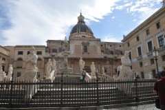 The Praetorian Fountain is a monumental fountain of Palermo. It is located in the heart of the historic center and represents the most important landmark of Piazza Pretoria. The fountain was built by Francesco Camilliani in the city of Florence in 1554, but was transferred to Palermo in 1574. The building behind was a convent and the building to the right City Hall.