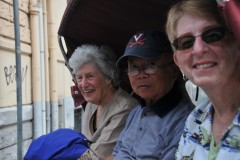 Here are three  members of our group seated behind the driver as we buzz across the neighborhoods.  The reason I used the word "buzz' is that Ape in  Italian translates to "bee" and we buzz through the streets of Palermo aboard these motorized three wheeled vehicles..