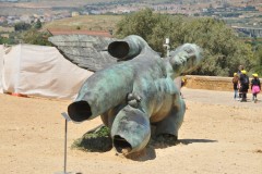 Fallen Bronze statue of Icarus in front of the Temple of Concordia