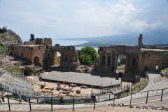 The ancient Greeks loved to construct their buildings in beautiful scenic locations.   Here they found the pairing of Etna and the bay of Naxos, with a wonderful view that when the air is clear can reach the coast of Calabria.