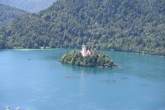 Close up shot of Lake Bled Island in the distance that we had just left.
