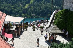 Looking down from the height of the Bled Castle to the main general area of the Castle and the lake below. 