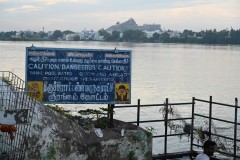 The Cauvery River is used for bathing in Trichy, India. The Amma Mandapam Bathing Ghats are located on the banks of the river in Srirangam