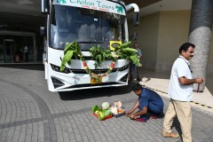 Our bus driver and bus attendant decorate the front of the bus for a religious holiday. The holiday is Mahanavami. Final day of the Navratn Festival. Symbolizes the victory of good over evil. 