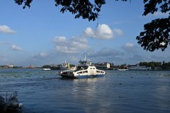 View of a pedestrian and car ferry crossing the bay.  We took it several times. 