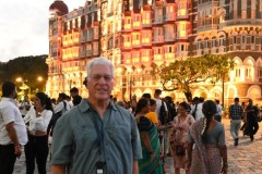 The Taj Mahal Palace lit up in the early evening. 