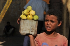 At the check point a young boy selling fruit.