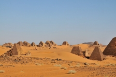 The most extensive Nubian pyramid site is at Meroë, which is located between the fifth and sixth cataracts of the Nile, approximately 62 miles north of Khartoum. During the Meroitic period, over forty queens and kings were buried there.