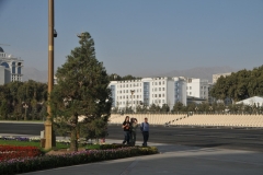 Bleacher seating permanently set up for parades and events in the Plaza area.