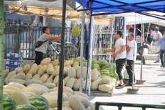 Notice they are throwing watermelons from one person to the other to stack.