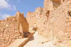 Walkway cut into the hillside to go from one home to another. 
