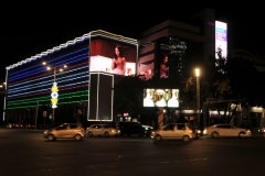 Lighted buildings across the street from the Hotel I was staying.