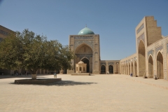 Nearly all central Asian madrasas, religious schools,  follow a similar layout. Their basic elements comprise a rectangular plan, a spacious open-air courtyard, one or two stories of cells for students, and one or more monumental entrances marked by a large hall open on one side.   First, the main entrance leads to a small antechamber that branches off in three directions to provide access to the courtyard as well as a mosque and lecture hall on either side.