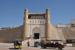 The entrance to the Ark of Bukhara is a massive fortress located in the city of Bukhara, Uzbekistan, that was initially built and occupied around the 5th century AD. The ceremonial entrance into the citadel is architecturally framed by two 18th-century towers. The upper parts of the towers are connected by a gallery, rooms, and terraces.