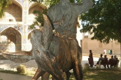 This bronze statue of Nasiruddin Khoja on his donkey is located in the Lyabi-Hauz, Lake House,  complex of central Bukhara. This semi-mythical ‘wise fool’ appears in all folklore of Central Asia and middle east countries – the cunning old man with his faithful donkey companion moving around cities . He is supposed to have tactfully ridiculed greedy rulers, hypocrites.