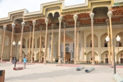 Bolo Haouz Mosque is a historical mosque in Bukhara, Uzbekistan. Built in 1712, on the opposite side of the citadel of Ark in Registan district, Thin columns made of painted woods were added to the frontal part of the mosque in 1917, additionally supporting the bulged roof of summer prayer room.