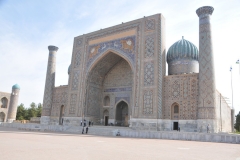 Sher-Dor Madrasah was built on the Registan Square, Samarkand in 1619-1636. The name is translated as “Madrassah with Lions”. It is the distorted and exaggerated reflection of the Ulugbek Madrasah, which is located just opposite, on the western side of the Registan Square. The difference in age between them is 200 years. Sher-Dor has larger area and sizes, but it yields to its “elder brother” by the quality of finishing works.