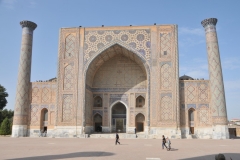 The Ulugh Beg Madrasa  an Islamic school in the historic center of Samarkand.  Together with other monuments, it forms the monumental ensemble of Registan, the old heart of the city. It was built between 1417 and 1421 by the then-Timurid governor of Samarkand, Ulugh Beg, Timur's grandson and prominent astronomer, who was later emperor between 1447 and 1449.  The madrasa was an important teaching center of the Timurid Empire, where they taught some of the most outstanding scholars of their time, both religious and secular.  It is the oldest building in Registan, the only one from the 15th century.